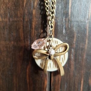 Handmade Bronze Necklace w/ a Bow & a Pink Crystal